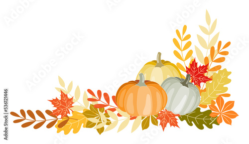 Illustration of pumpkins and leaves in warm Autumn colours. Set of isolated objects on white background. Thanksgiving, Halloween, Harvest celebration use, cards design, scrapbooking, textile. 