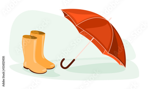 Bright orange - red umbrella on puddle. Isolated clipart elements on white background. Hand drawn illustration for decoration, scrapbooking, textile, wall paper, greeting cards design. 