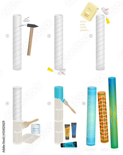 Rainsticks handicragt instruction, DIY making of with cardboard tube, the longer the better, long nails, rice, peas, pebbles, wallpaper paste and acrylics to create patter of rain or sound of the sea.