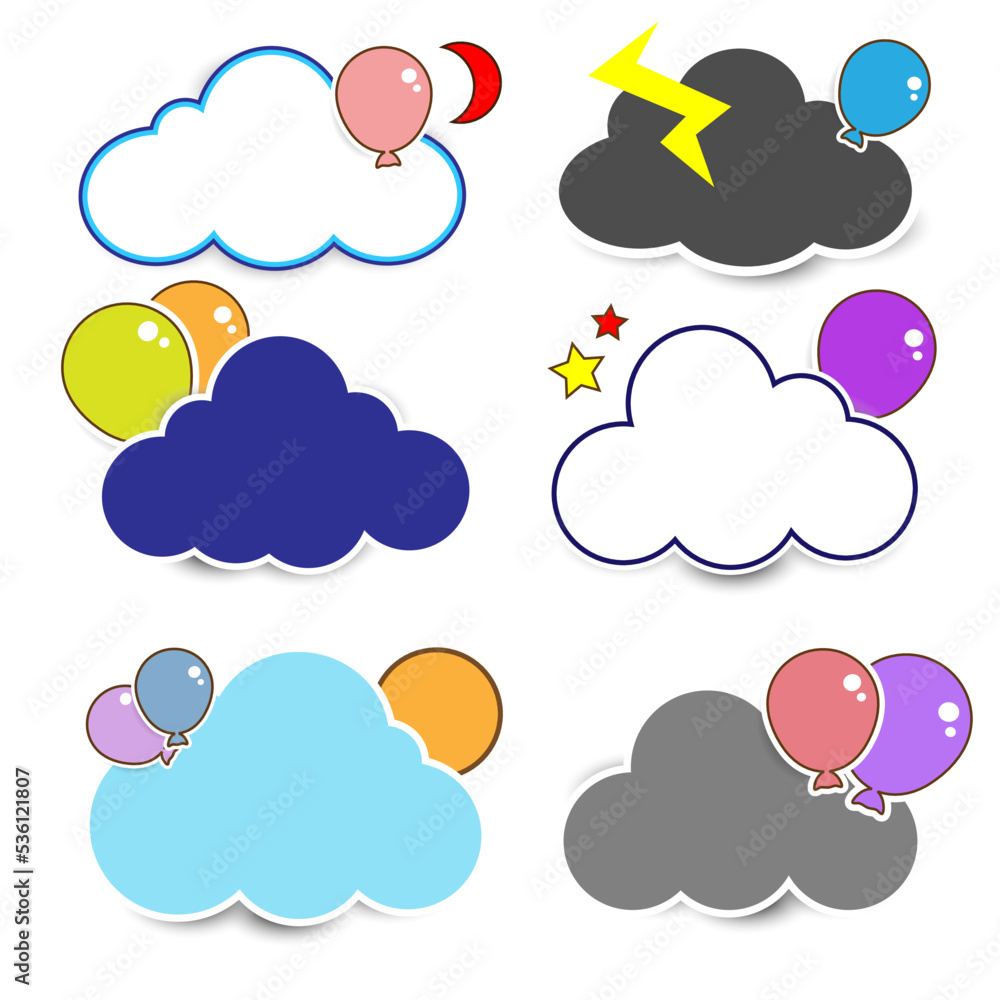 Cute cloud stickers decorated with balloons and stars