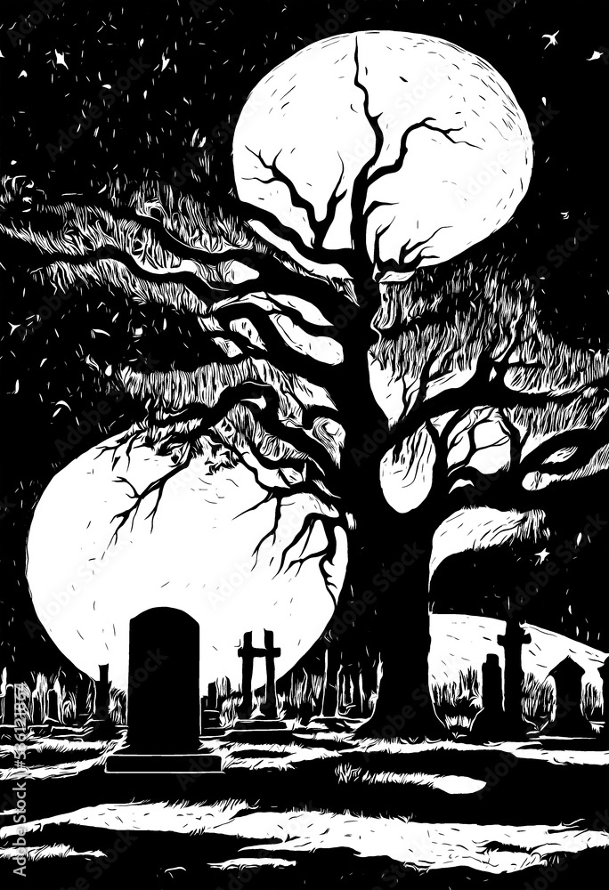 Black and white woodcut haunted cemetery Black and white woodcut haunted cemetery