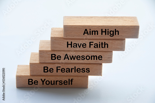 Wallpaper Mural Words of motivation on wooden blocks - Aim high, have faith, be awesome, be fearless, be yourself Torontodigital.ca