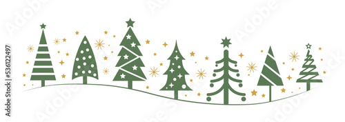 Collection of green Christmas trees and golden Stars in different design - vector illustration