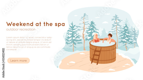Females in hot tub in winter forest. Women relax in wooden heated bath. Barrel on terrace, luxury resort, spa on nature, wellness banner concept. Leisure healthy weekend. Vector illustration.