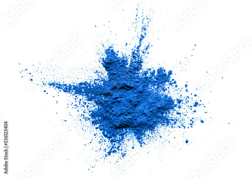 Heap of superfood blue spirulina powder on white background. Blue algae spirulina, butterfly pea flower, or blue matcha powder. Top view, free space for text or design.