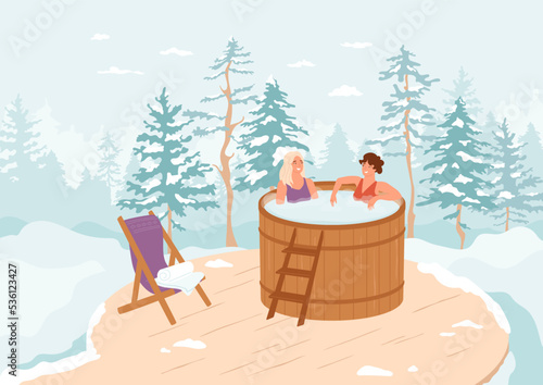 Females in hot tub in winter forest. Women relax in wooden heated bath. Barrel on terrace, lounge chair with towel, luxury resort, spa on nature concept. Leisure healthy weekend. Vector illustration.