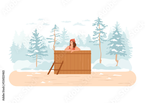 Woman in hot bath in winter forest. Wooden heated barrel tub on patio with snowy landscape, spruce trees, clouds on white background. Young female in hat, swimsuit, spa in nature concept. Vector art.
