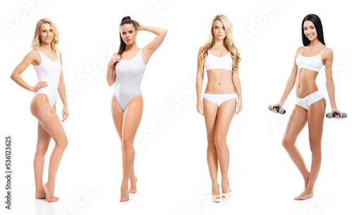 Young, fit, happy and beautiful blond woman in white swimsuit isolated on white background - set collection. Healthcare, diet, sport and fitness.