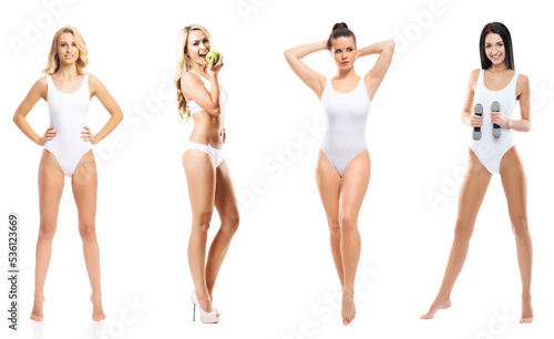 Young, fit, happy and beautiful blond woman in white swimsuit isolated on white background - set collection. Healthcare, diet, sport and fitness.