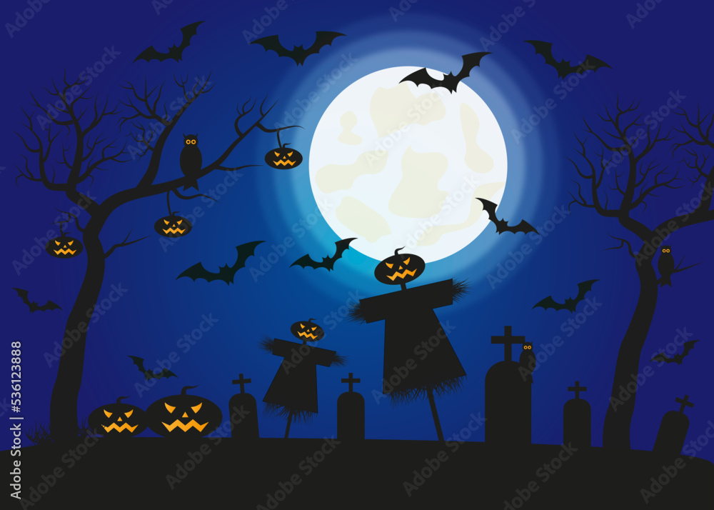 cementerio Halloween, cementerio tenebroso, cementerio de miedo, vector Halloween, noche de brujas.