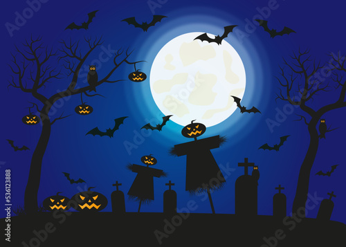 cementerio Halloween, cementerio tenebroso, cementerio de miedo, vector Halloween, noche de brujas.