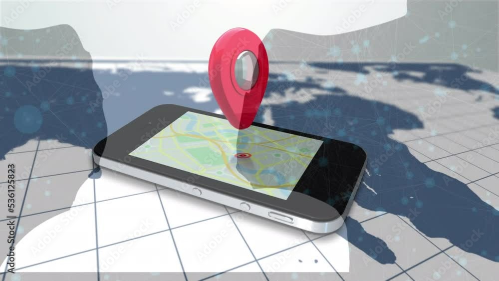 Animation of location pin rotating over cellphone on world map over
