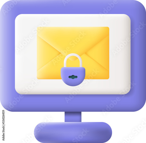 New Encrypted Email on Computer Screen Isolated on Transparent Background. Email Digital Protection Concept. 3D illustration