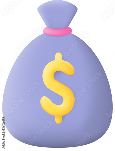 Money Bag with Dollars Isolated on Transparent Background. 3D illustration