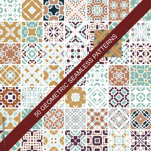 Collection of 50 colourful seamless vector patterns. Elegant color oriental backgrounds. Creative tile mosaic design. Big set of prints.

