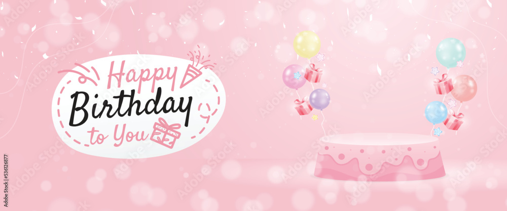 Minimal style birthday banner template design, with cake podium and typography. Minimal style birthday banner template design, with cake podium and typography.