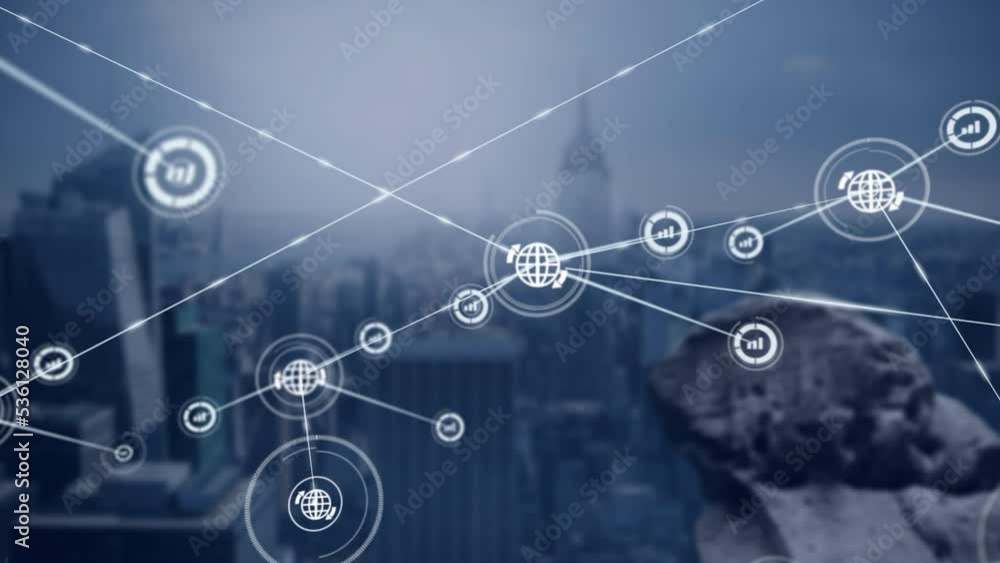 Animation of network of connections with icons over cityscape Animation of network of connections with icons over cityscape