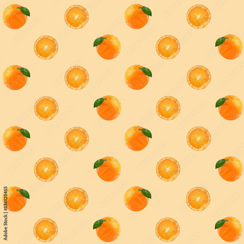 Seamless pattern of orange slices in low poly style. Repeating background vector for summer fabric, decoration, backdrop, textile, wallpaper and fashion design. Seamless pattern of orange slices in low poly style. Repeating background vector for summer fabric, decoration, backdrop, textile, wallpaper and fashion design.