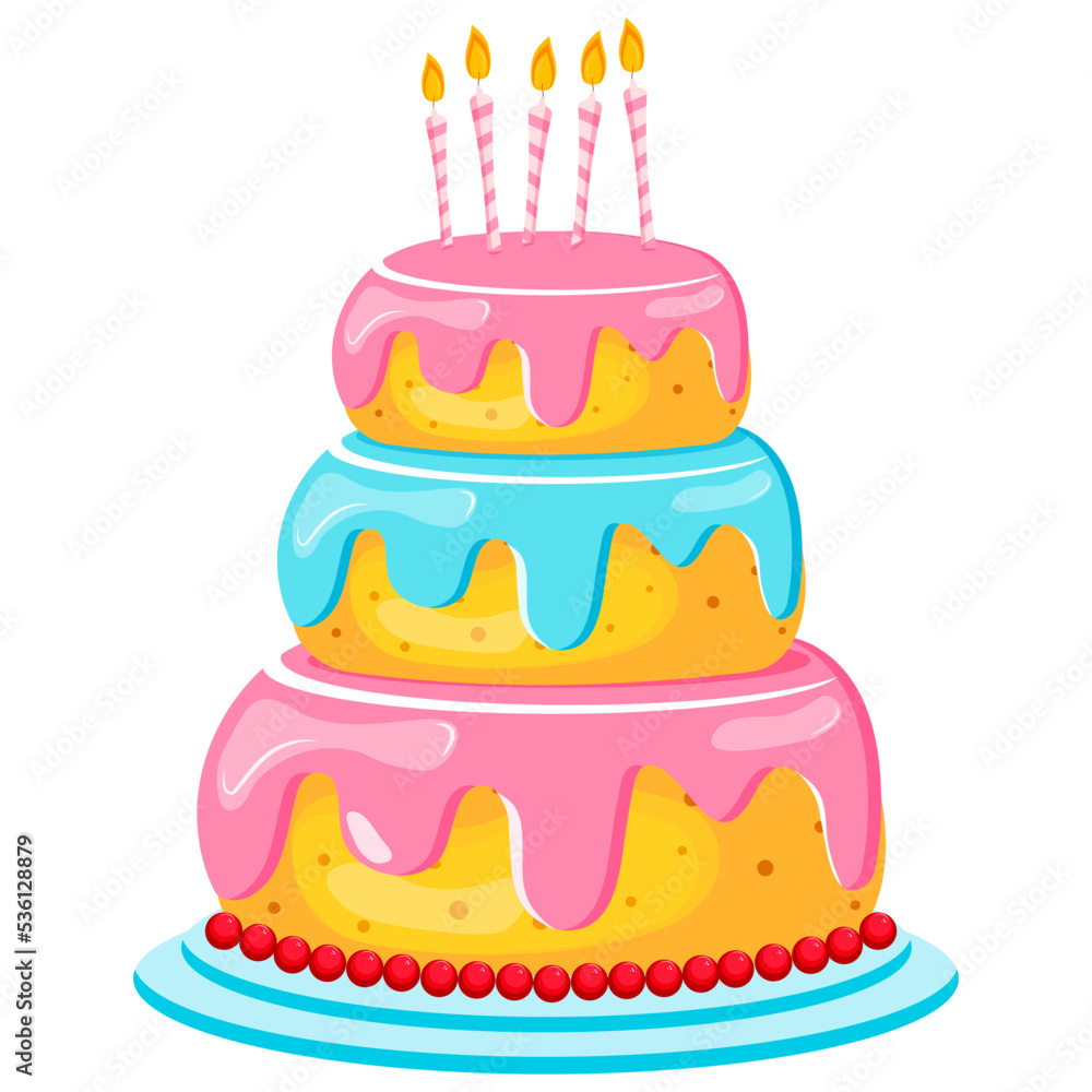 Birthday cake with party candles. Celebration delicious dessert. Vector cartoon birthday cake illustration Birthday cake with party candles. Celebration delicious dessert. Vector cartoon birthday cake illustration