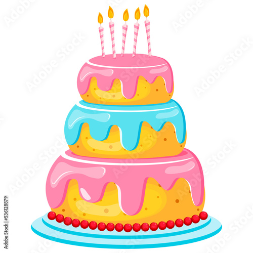 Birthday cake with party candles. Celebration delicious dessert. Vector cartoon birthday cake illustration