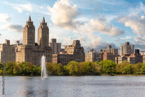 Eldorado building and reservoir with fountain in Central Park in midtown Manhattan in New York City