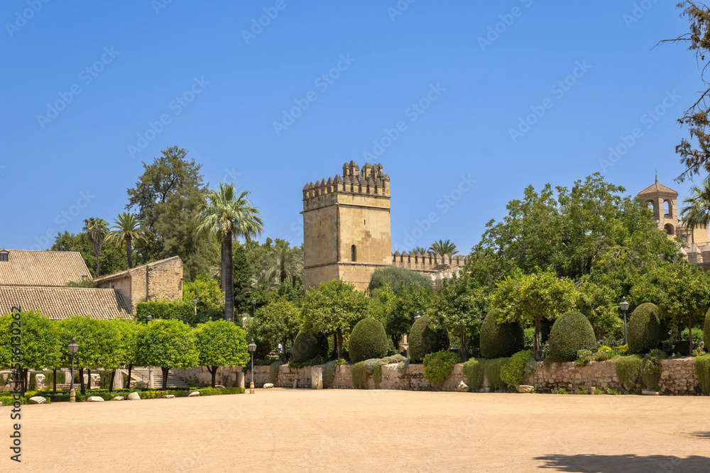The gardens and Lion Tower of Alcazar of the Christian Monarchs, Cordoba, Spain