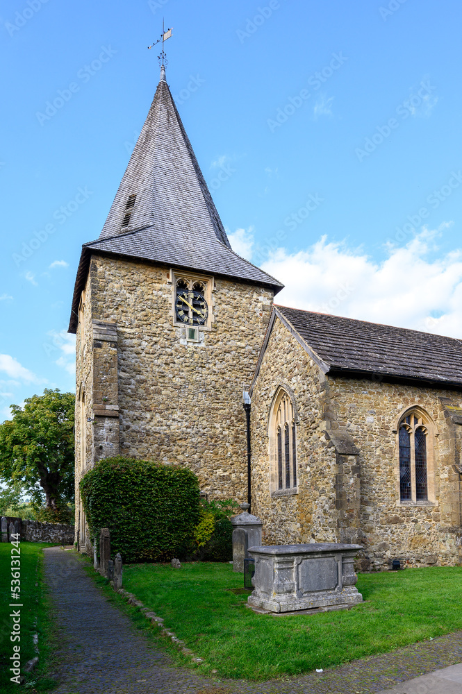 St Mary the Virgin, an old church in Westerham, Kent, UK. The history of this Westerham church dates back to the 13th century with significant restoration in the late 19th century.