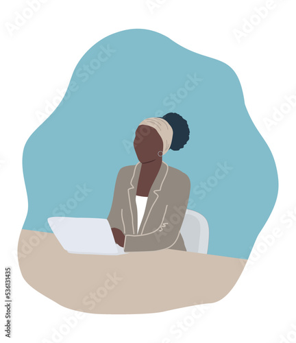 Young black woman works at the laptop. Office worker. It can also be a psychologist, journalist, hr manager or other specialist. Human icon. Vector illustration