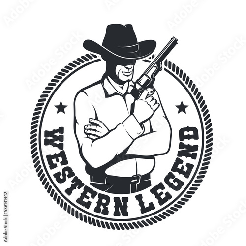 Western retro badge - Cowboy with a gun. Wild west cowboy vintage logo.