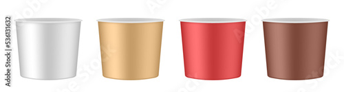 Set of vector realistic blank disposable ice cream buckets. Red, gold, white and brown cups or food bowls	