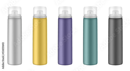 Aluminium tube for hairspray, air freshener container, thermal water spray bottle. White, yellow, purple, green and black bottles. Realistic mockup of aerosol deodorant or dry shampoo. Transparent cap