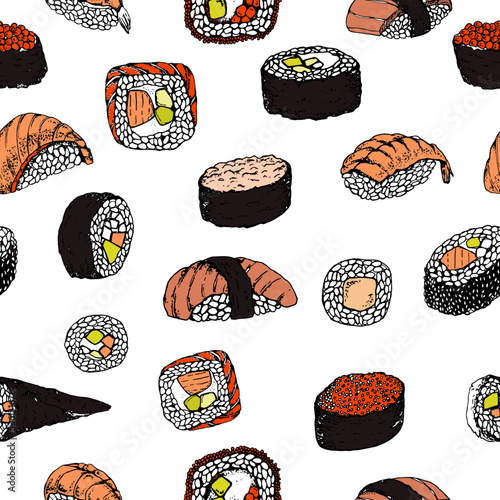 Sushi. Pattern. Stock vector illustration. Hand drawing. Isolated on white. Color sketch. For product packaging, labels. Asian food.Business card for sushi. Sushi menu, sushi bar