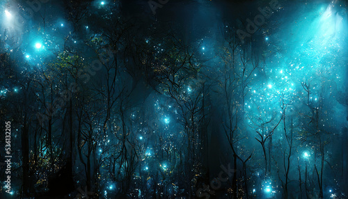Dark mysterious forest with a magical magic mirror, a portal to another world. Night fantasy forest. 3D illustration.