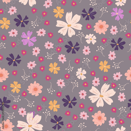 Hand-drawn floral pattern in lilac color  bright background  flowers and patterns.