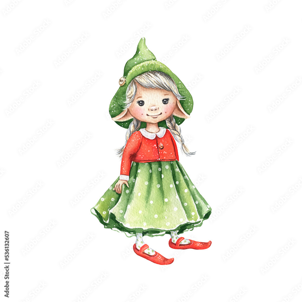 Watercolor Christmas gnome illustration on white background. Fantasy cute girl character. Hand drawn graphics isolated on white background. Perfect for invitation, greeting card design Watercolor Christmas gnome illustration on white background. Fantasy cute girl character. Hand drawn graphics isolated on white background. Perfect for invitation, greeting card design