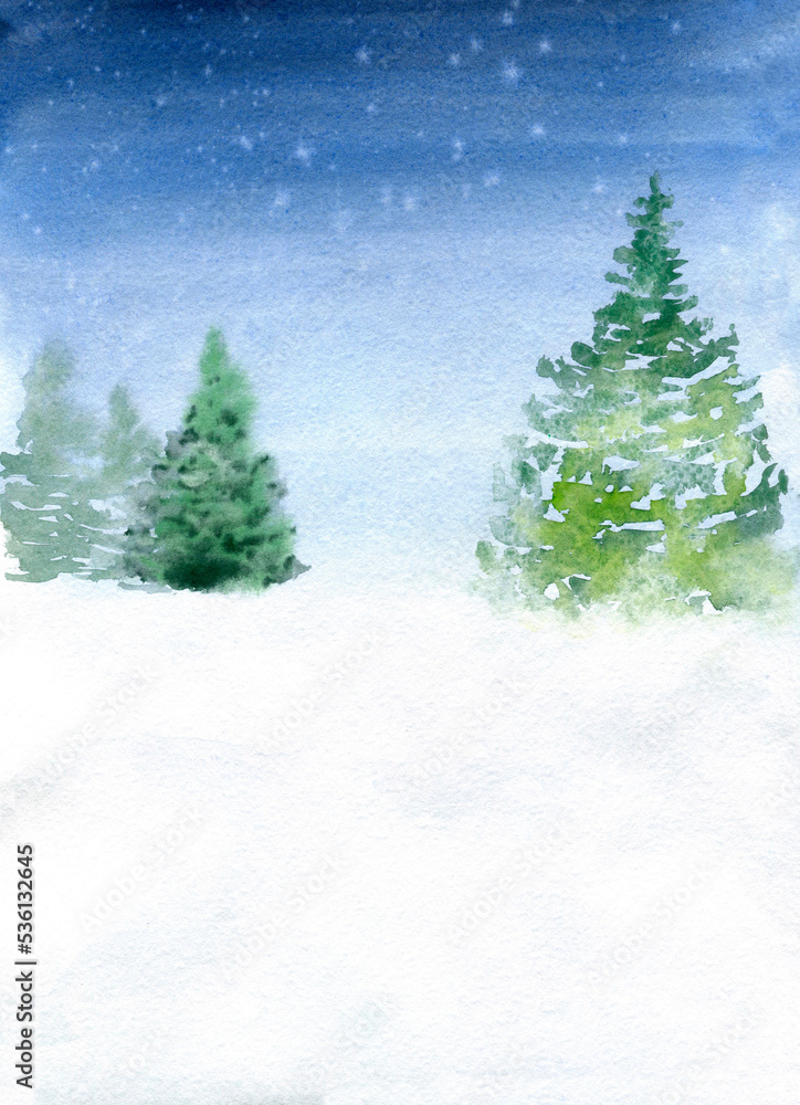 Watercolor winter forest. Christmas background illustration. WHoliday greeting card template. Invitation banner design.