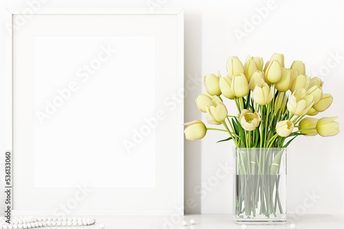 Poster mockup and yellow flawers photo