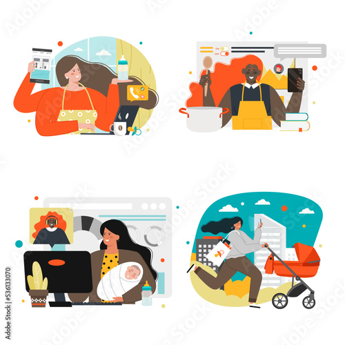Mother boss caring child and working vector scene