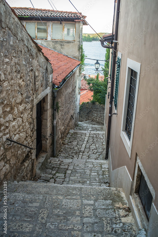 old, historic buildings in the historic old town of Rijeka, narrow streets, tenement houses, stone houses