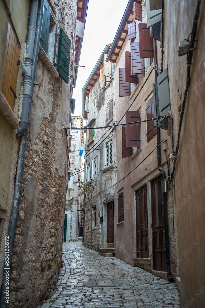 old, historic buildings in the historic old town of Rijeka, narrow streets, tenement houses, stone houses