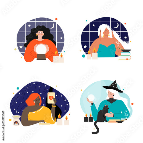 Beautiful fortune tellers oracles vector scene set