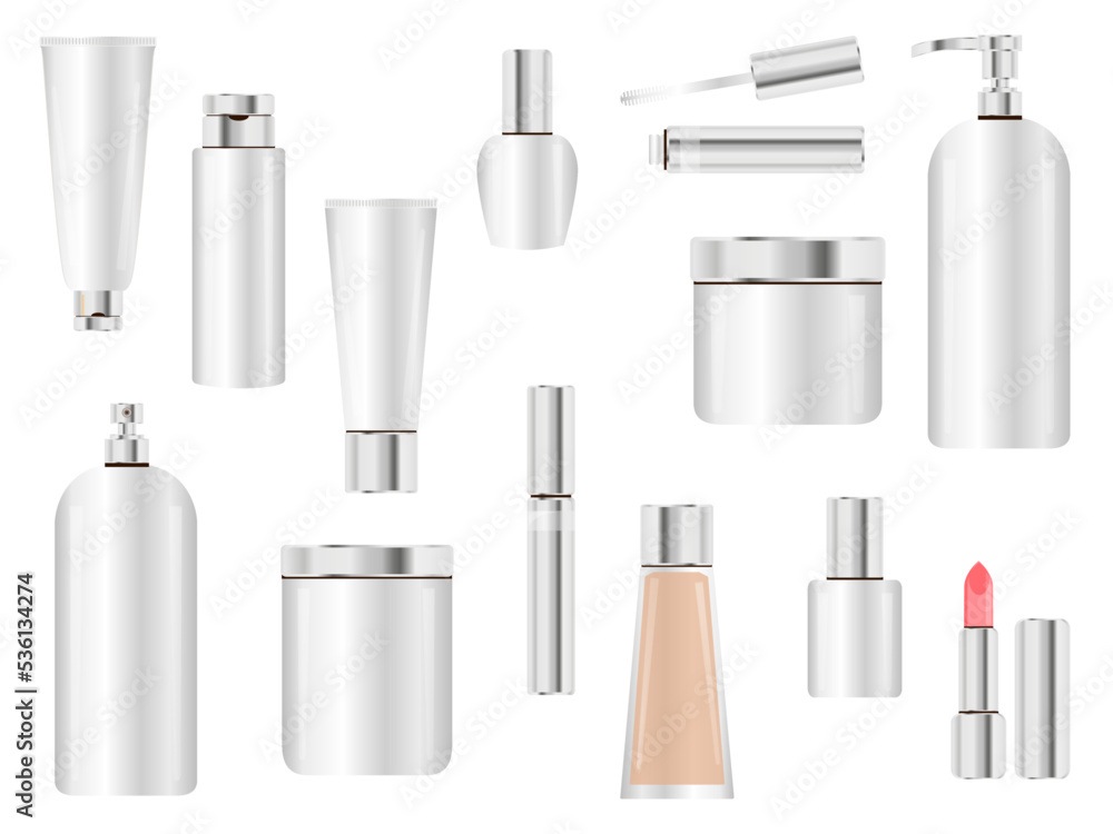 Realistic Cosmetic bottle, sprayer container, dispenser for cream, foams and other cosmetics, alls with silver lid Realistic Cosmetic bottle, sprayer container, dispenser for cream, foams and other cosmetics, alls with silver lid
