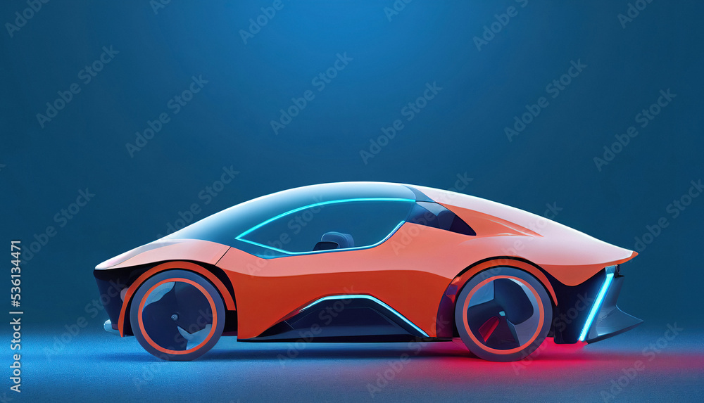 concept generic electric small car design in orange color and electric futuristic style with copy space, mixed digital 3d illustration and matte painting. concept generic electric small car design in orange color and electric futuristic style with copy space, mixed digital 3d illustration and matte painting.