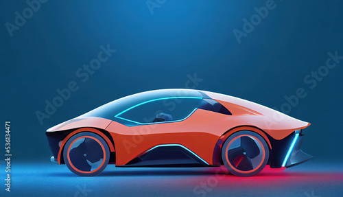 concept generic electric small car design in orange color and electric futuristic style with copy space, mixed digital 3d illustration and matte painting. © sizsus