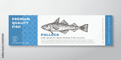 Premium Quality Pollock Vector Packaging Label Design Modern Typography and Hand Drawn Fish Silhouette Seafood Product Background Layout