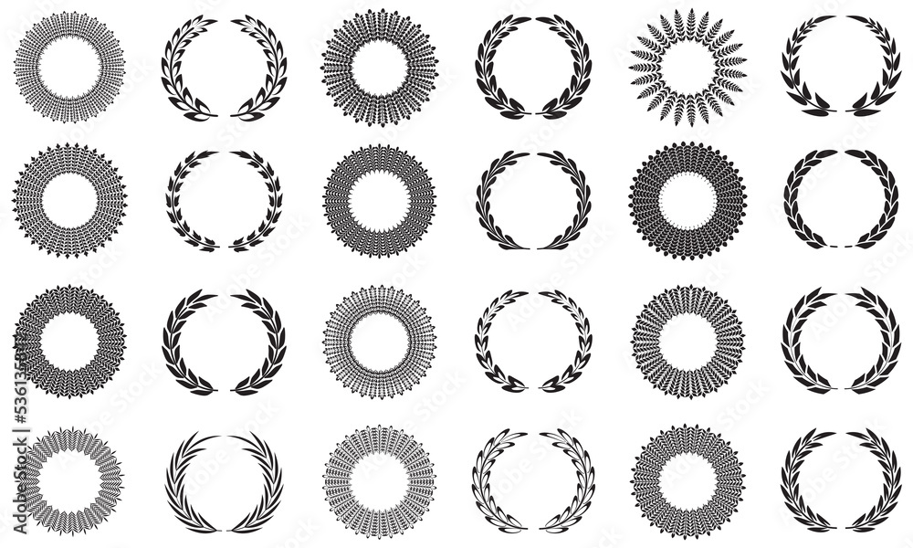 Collection of different silhouette circular laurel foliage, wheat and wreaths depicting an award, achievement, heraldry Collection of different silhouette circular laurel foliage, wheat and wreaths depicting an award, achievement, heraldry