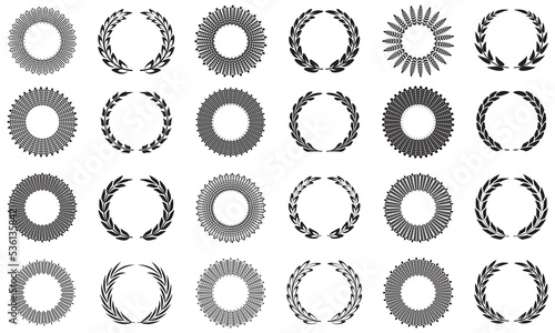 Collection of different silhouette circular laurel foliage, wheat and wreaths depicting an award, achievement, heraldry