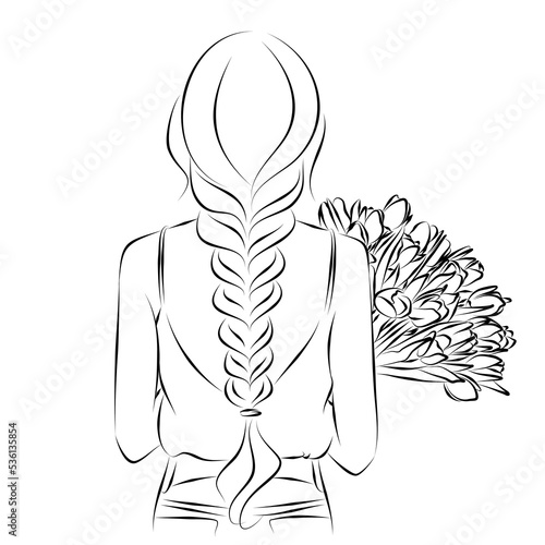 sketch the girl is standing with her back with a bouquet of tulip flowers, in jeans and a T-shirt 