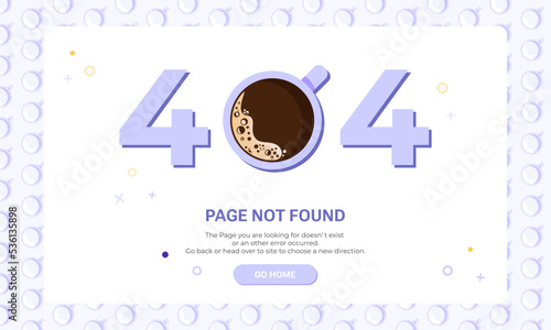 Page not found banner template. Flat illustration of coffee cup for design template for web page with 404 error.	
