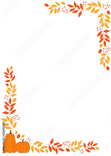 Frame with autumn twigs, berries and pumpkins. Template for autumn decorative design